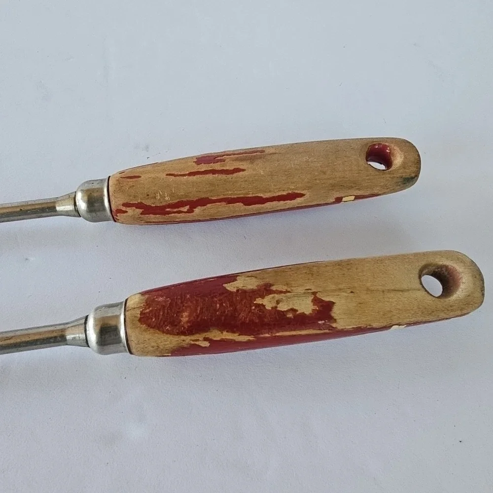 Vintage A&J Meat Serving Fork Set Red Wood Handle Made in USA‎ Rustic Farmhouse